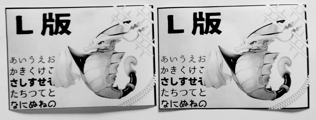 実際に72dpiのL版の画像と、350dpiのL版の画像を印刷したもの